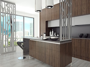 Panele podłogowe - Średnia z salonem biała z zabudowaną lodówką kuchnia dwurzędowa z wyspą lub półwyspem, styl industrialny - zdjęcie od SWISS KRONO