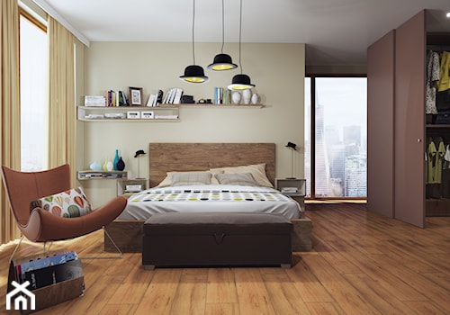 Średnia beżowa brązowa sypialnia z garderobą - zdjęcie od SWISS KRONO