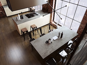 Blaty kuchenne - Średnia otwarta z salonem z zabudowaną lodówką kuchnia dwurzędowa z wyspą lub półwyspem z oknem, styl industrialny - zdjęcie od SWISS KRONO