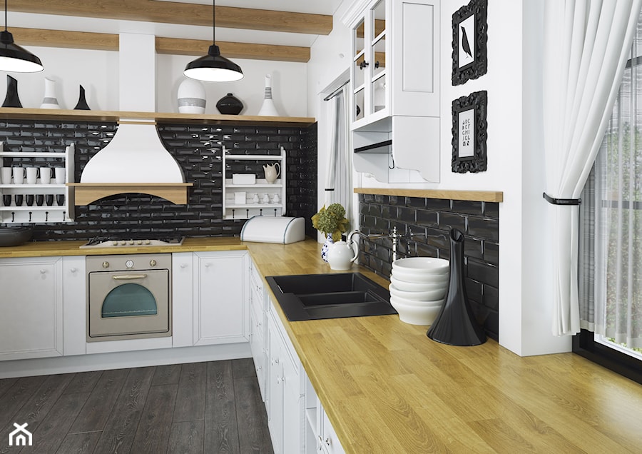 Blaty kuchenne - Duża zamknięta biała czarna z zabudowaną lodówką z nablatowym zlewozmywakiem kuchnia w kształcie litery l z oknem, styl nowoczesny - zdjęcie od SWISS KRONO