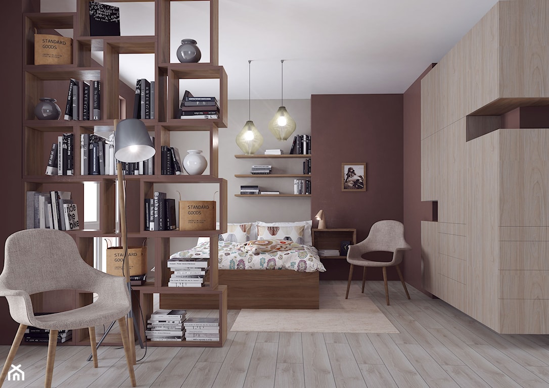 sypialnia w stylu eklektycznym, brązowe ściany, drewniane łóżko, drewniana podłoga, krzesło z szarym obiciem