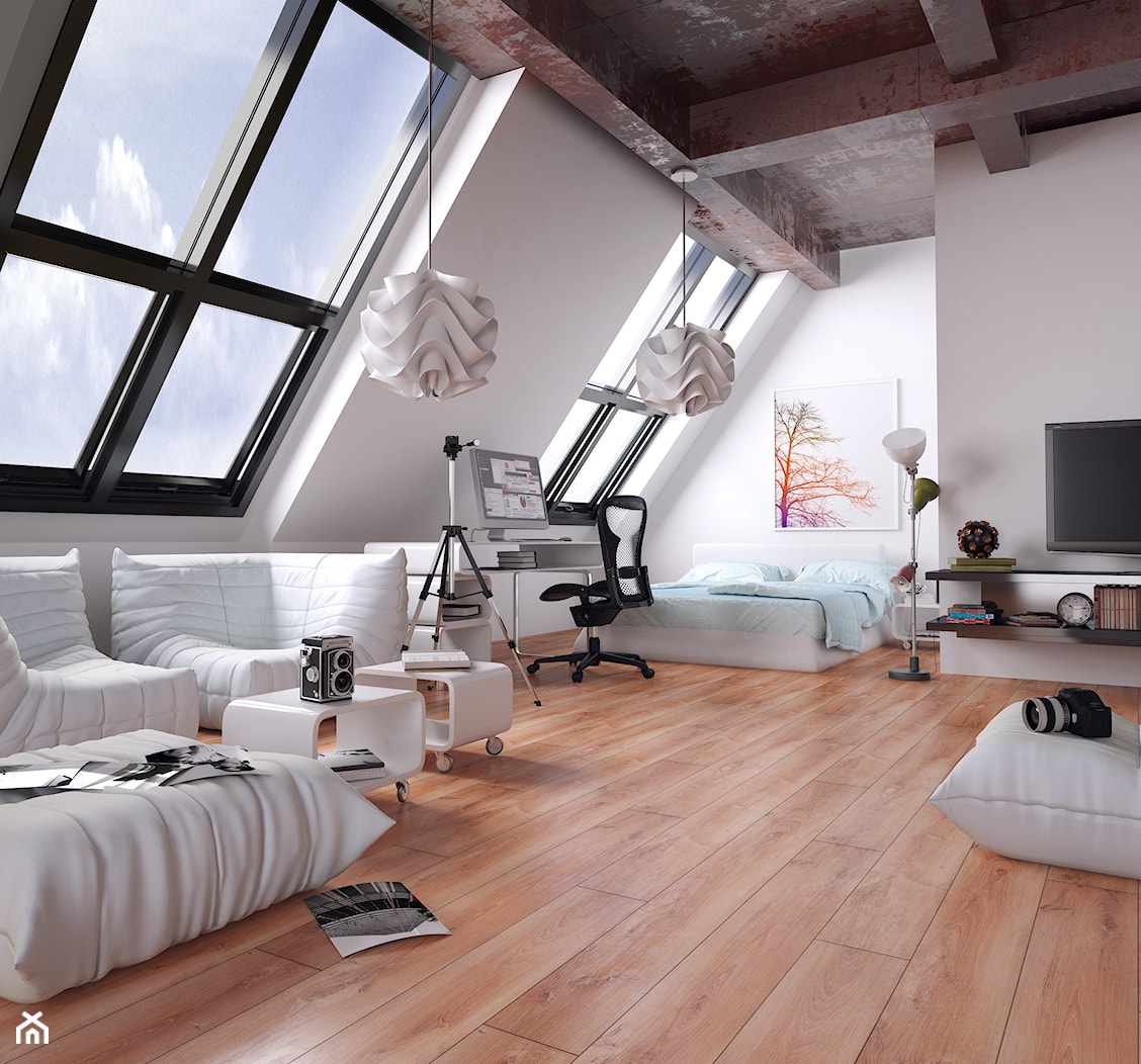 Kronopol Platinium Flooring - Średnia biała z biurkiem sypialnia na poddaszu, styl nowoczesny - zdjęcie od SWISS KRONO - Homebook