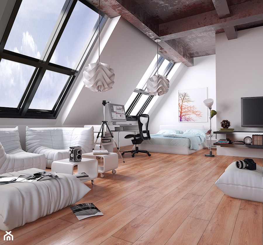 Kronopol Platinium Flooring - Średnia biała z biurkiem sypialnia na poddaszu, styl nowoczesny - zdjęcie od SWISS KRONO