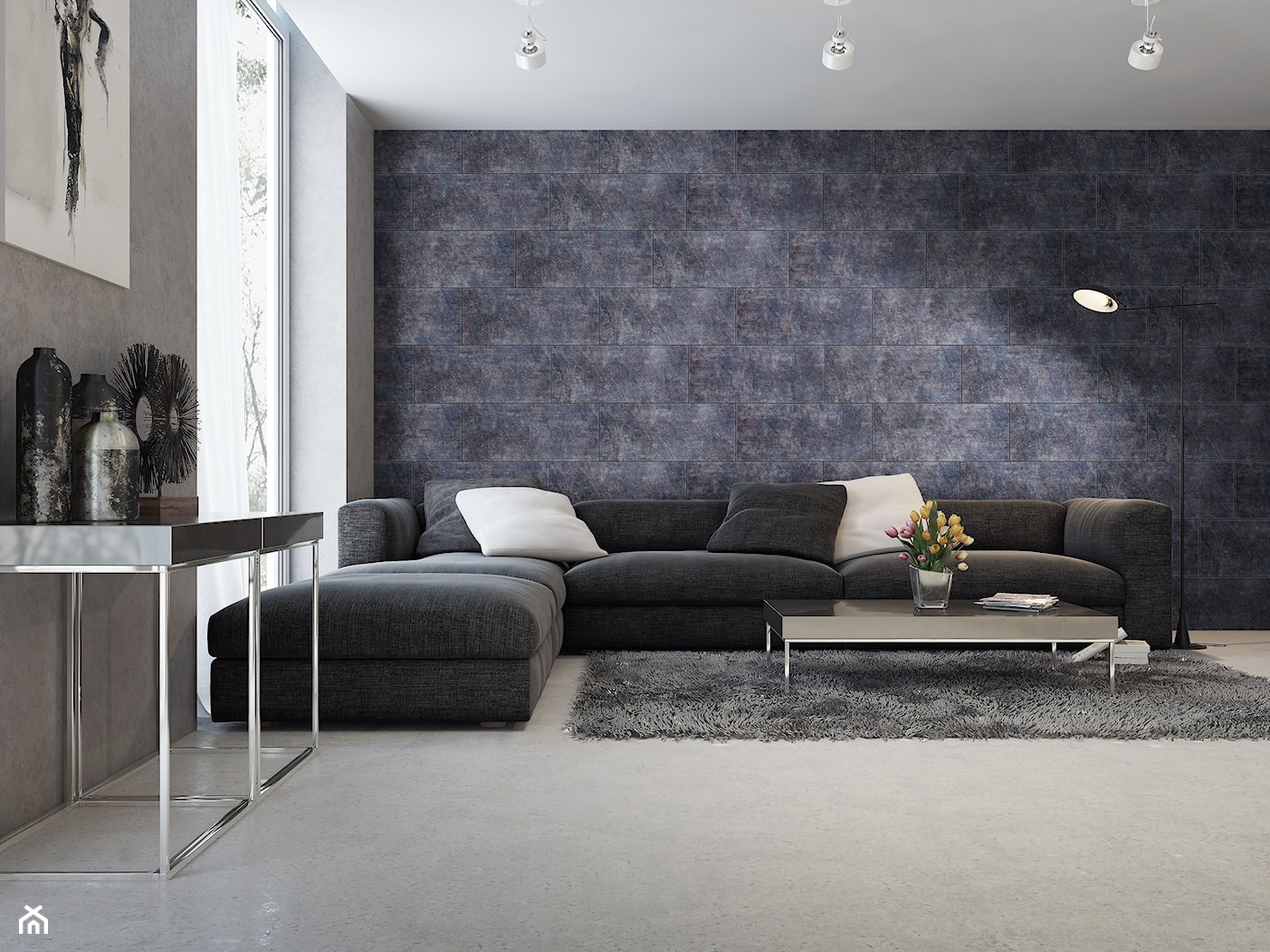 Beton na ścianie - Duży szary salon, styl minimalistyczny - zdjęcie od SWISS KRONO - Homebook