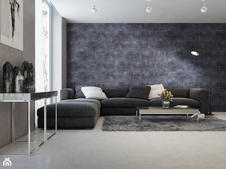 Beton na ścianie - Duży szary salon, styl minimalistyczny - zdjęcie od SWISS KRONO