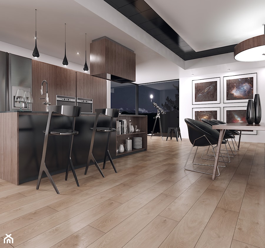 Kronopol Platinium Flooring - Duża otwarta z zabudowaną lodówką z lodówką wolnostojącą kuchnia jednorzędowa z wyspą lub półwyspem, styl nowoczesny - zdjęcie od SWISS KRONO