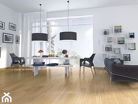 Aranżacje wnętrz - Salon: Kronopol Aurum Flooring - Mały biały salon z jadalnią, styl nowoczesny - SWISS KRONO. Przeglądaj, dodawaj i zapisuj najlepsze zdjęcia, pomysły i inspiracje designerskie. W bazie mamy już prawie milion fotografii!