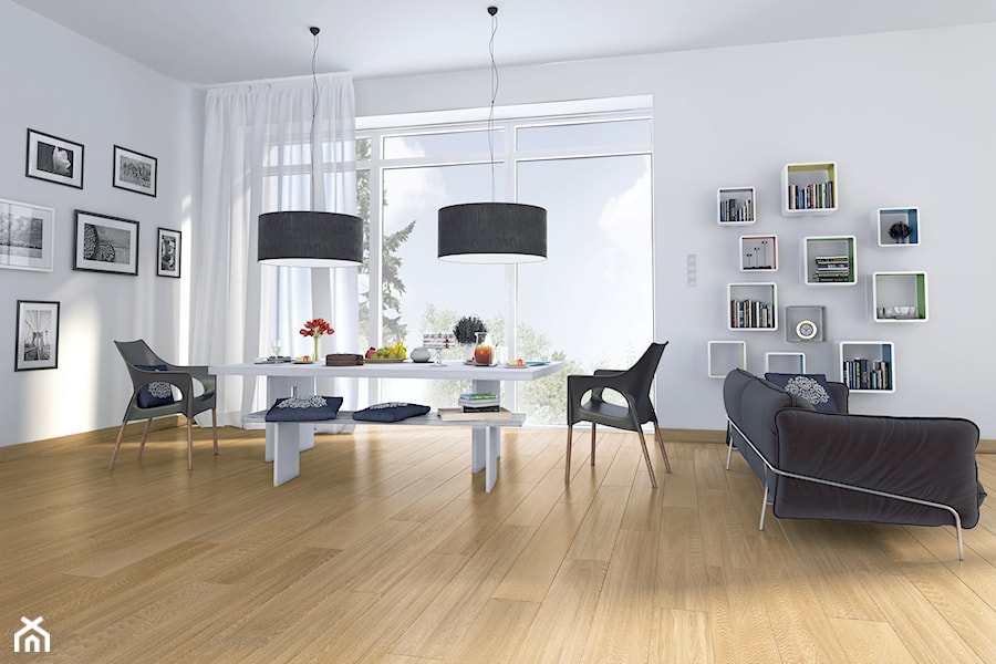 Kronopol Aurum Flooring - Mały biały salon z jadalnią, styl nowoczesny - zdjęcie od SWISS KRONO