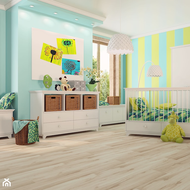kolorowe ściany w pokoju dziecka, klasyczne meble w pokoju dziecka, jasne panele w pokoju dziecka
