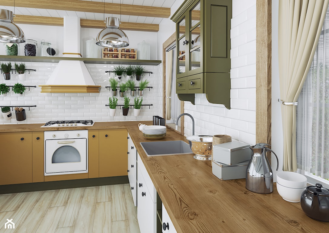 Drewniany blat kuchenny, białe płytki z fazą w kuchni, kuchnia w stylu retro