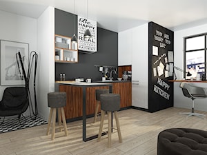 Panele podłogowe - Średnia otwarta z salonem z kamiennym blatem biała czarna z zabudowaną lodówką z podblatowym zlewozmywakiem kuchnia w kształcie litery u z oknem, styl industrialny - zdjęcie od SWISS KRONO