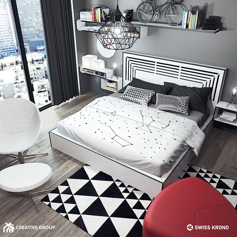 sypialnia w stylu nowoczesnym, pościel w konstelacje, dywan w geometryczne wzory