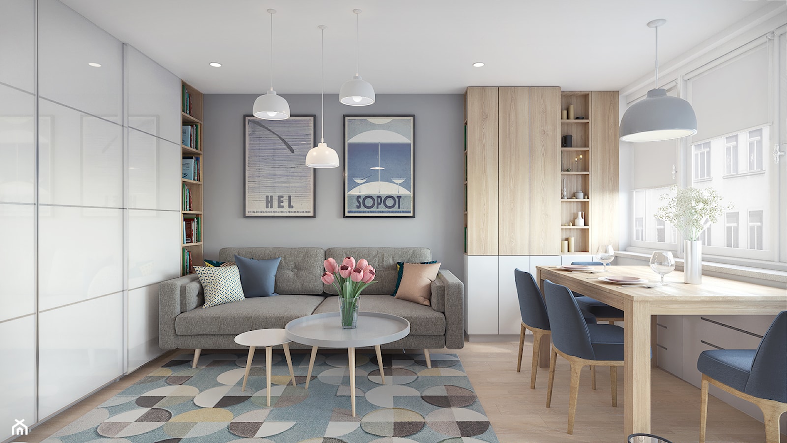 Remont mieszkania 50m2 - Mały biały szary salon z jadalnią z bibiloteczką, styl nowoczesny - zdjęcie od Przestrzenie - Homebook