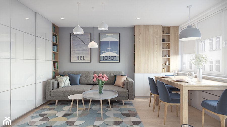 Remont mieszkania 50m2 - Mały biały szary salon z jadalnią z bibiloteczką, styl nowoczesny - zdjęcie od Przestrzenie