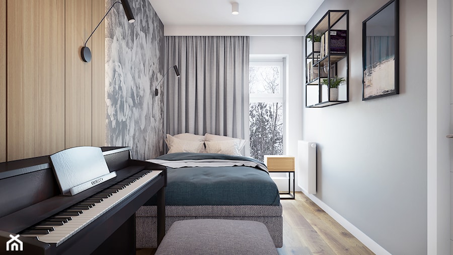 Mieszkanie 35m2 - Mała beżowa szara sypialnia, styl nowoczesny - zdjęcie od Przestrzenie