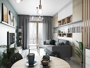 Salon i sypialnia - Mały biały zielony salon z kuchnią z jadalnią z tarasem / balkonem z bibiloteczk ... - zdjęcie od Przestrzenie