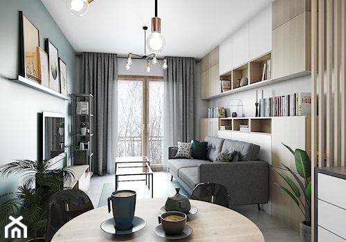 Salon i sypialnia - Mały biały zielony salon z kuchnią z jadalnią z tarasem / balkonem z bibiloteczką, styl nowoczesny - zdjęcie od Przestrzenie