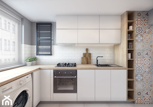 Remont mieszkania 50m2 - Średnia zamknięta biała szara z zabudowaną lodówką z nablatowym zlewozmywakiem kuchnia w kształcie litery l z oknem, styl nowoczesny - zdjęcie od Przestrzenie