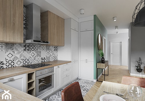Mieszkanie 3 pokoje Marywilska - Średnia otwarta z salonem biała szara zielona z zabudowaną lodówką z nablatowym zlewozmywakiem kuchnia w kształcie litery u, styl nowoczesny - zdjęcie od Przestrzenie