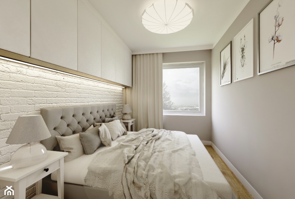 Nowoczesny styl prowansalski - Mała biała szara sypialnia, styl nowoczesny - zdjęcie od Przestrzenie - Homebook