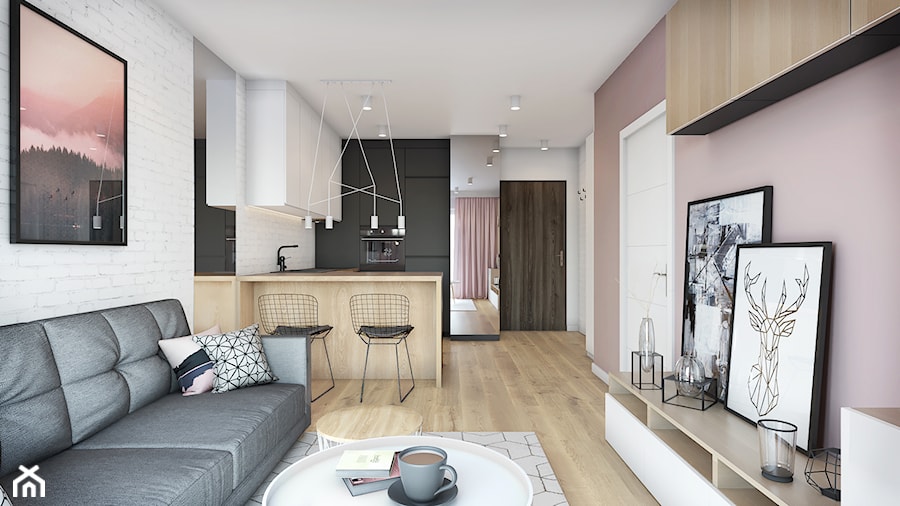 Mieszkanie 35m2 - Średni biały różowy salon z kuchnią z jadalnią, styl nowoczesny - zdjęcie od Przestrzenie