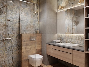 Łazienka z drewnem - Średnia beżowa szara łazienka bez okna, styl nowoczesny - zdjęcie od Przestrzenie