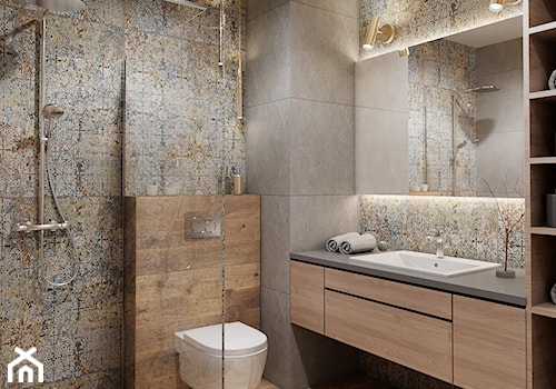 Łazienka z drewnem - Średnia bez okna łazienka, styl nowoczesny - zdjęcie od Przestrzenie