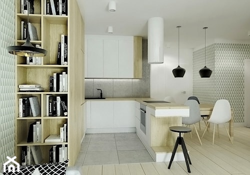 Mieszkanie w skandynawskim stylu - Średnia otwarta z salonem z zabudowaną lodówką kuchnia w kształcie litery u z wyspą lub półwyspem, styl skandynawski - zdjęcie od Przestrzenie