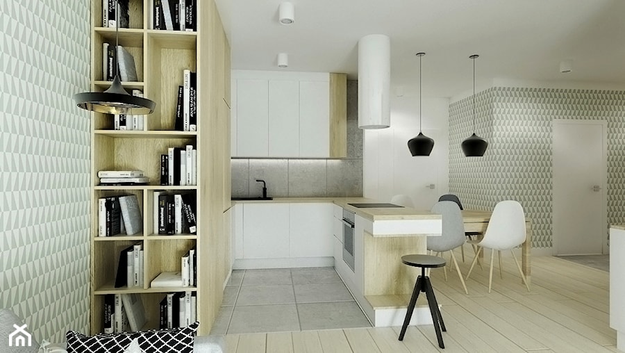 Mieszkanie w skandynawskim stylu - Średnia otwarta z salonem z zabudowaną lodówką kuchnia w kształcie litery u z wyspą lub półwyspem, styl skandynawski - zdjęcie od Przestrzenie