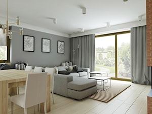 Dom 170m2 - w trakcie - Duży biały szary salon z jadalnią z tarasem / balkonem, styl nowoczesny - zdjęcie od Przestrzenie
