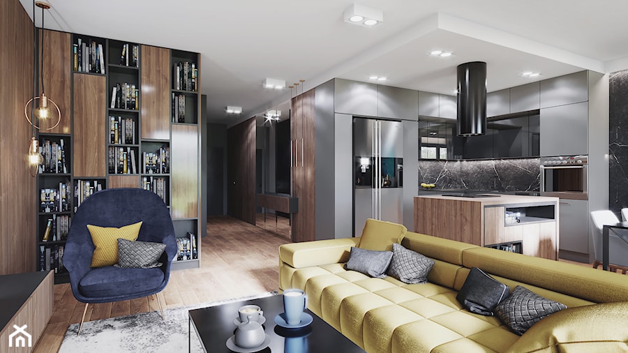 Apartament Warszawa - Średni czarny salon z kuchnią z jadalnią, styl nowoczesny - zdjęcie od Przestrzenie