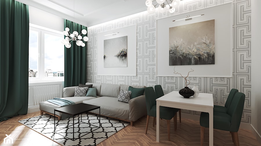 Mieszkanie w kamienicy - Duży biały salon z jadalnią, styl glamour - zdjęcie od Przestrzenie