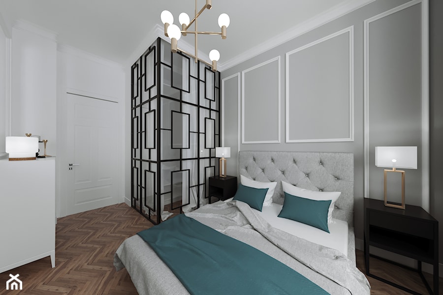 Mieszkanie w kamienicy - Duża biała szara sypialnia, styl glamour - zdjęcie od Przestrzenie