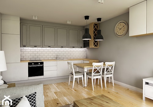 Nowoczesny styl prowansalski - Średnia otwarta z salonem biała szara z zabudowaną lodówką kuchnia jednorzędowa, styl nowoczesny - zdjęcie od Przestrzenie