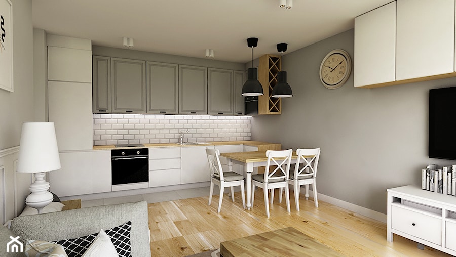 Nowoczesny styl prowansalski - Średnia otwarta z salonem biała szara z zabudowaną lodówką kuchnia jednorzędowa, styl nowoczesny - zdjęcie od Przestrzenie