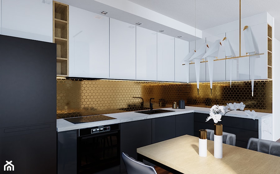 Kuchnia czarno-biało-złota - Mała otwarta z zabudowaną lodówką z podblatowym zlewozmywakiem kuchnia w kształcie litery l, styl nowoczesny - zdjęcie od Przestrzenie