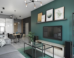 Salon i sypialnia - Mały niebieski szary salon z kuchnią z jadalnią, styl nowoczesny - zdjęcie od Przestrzenie - Homebook
