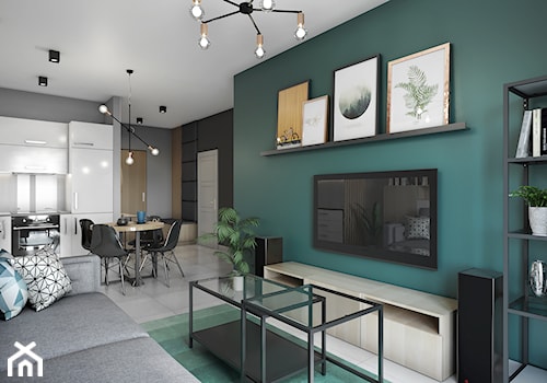 Salon i sypialnia - Mały niebieski szary salon z kuchnią z jadalnią, styl nowoczesny - zdjęcie od Przestrzenie