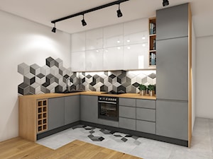 Aneks kuchenny - Mała otwarta biała szara z zabudowaną lodówką kuchnia w kształcie litery l, styl n ... - zdjęcie od Przestrzenie