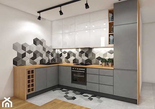 Aneks kuchenny - Mała otwarta biała szara z zabudowaną lodówką kuchnia w kształcie litery l, styl nowoczesny - zdjęcie od Przestrzenie