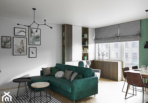 Mieszkanie 3 pokoje Marywilska - Średni biały zielony salon z jadalnią z tarasem / balkonem, styl n ... - zdjęcie od Przestrzenie