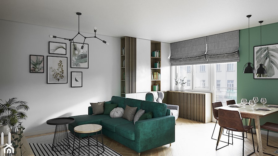 Mieszkanie 3 pokoje Marywilska - Średni biały zielony salon z jadalnią z tarasem / balkonem, styl nowoczesny - zdjęcie od Przestrzenie