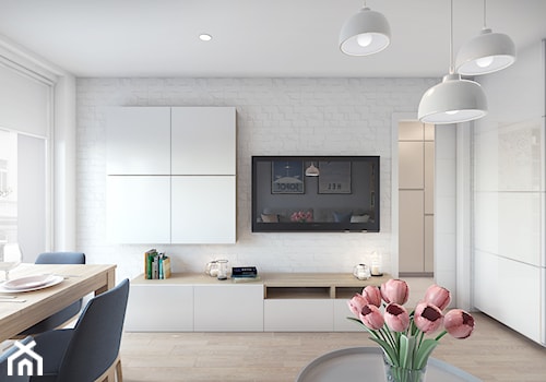 Remont mieszkania 50m2 - Średni biały salon z jadalnią, styl nowoczesny - zdjęcie od Przestrzenie