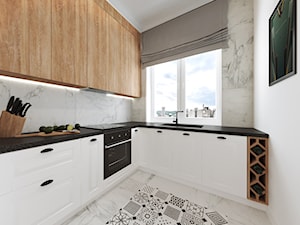 Mieszkanie w kamienicy - Średnia otwarta z kamiennym blatem biała szara z zabudowaną lodówką z podblatowym zlewozmywakiem kuchnia w kształcie litery l z oknem, styl glamour - zdjęcie od Przestrzenie
