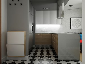 Mieszkanie na Łowickiej - Mała otwarta z salonem biała szara z zabudowaną lodówką kuchnia w kształci ... - zdjęcie od Przestrzenie