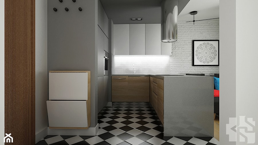 Mieszkanie na Łowickiej - Mała otwarta z salonem biała szara z zabudowaną lodówką kuchnia w kształcie litery u, styl nowoczesny - zdjęcie od Przestrzenie