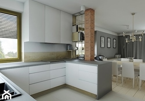 Dom 170m2 - w trakcie - Średnia otwarta biała z zabudowaną lodówką z nablatowym zlewozmywakiem kuchnia w kształcie litery u, styl nowoczesny - zdjęcie od Przestrzenie