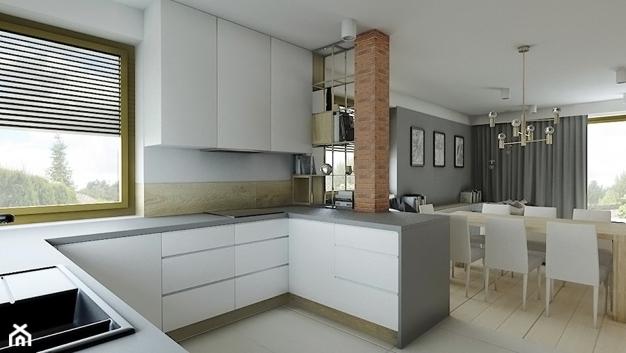 Dom 170m2 - w trakcie - Średnia otwarta biała z zabudowaną lodówką z nablatowym zlewozmywakiem kuchnia w kształcie litery u, styl nowoczesny - zdjęcie od Przestrzenie