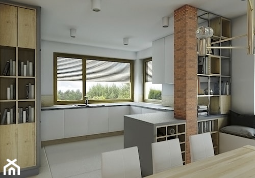 Dom 170m2 - w trakcie - Średnia otwarta z kamiennym blatem biała z zabudowaną lodówką z nablatowym zlewozmywakiem kuchnia w kształcie litery g z oknem, styl nowoczesny - zdjęcie od Przestrzenie