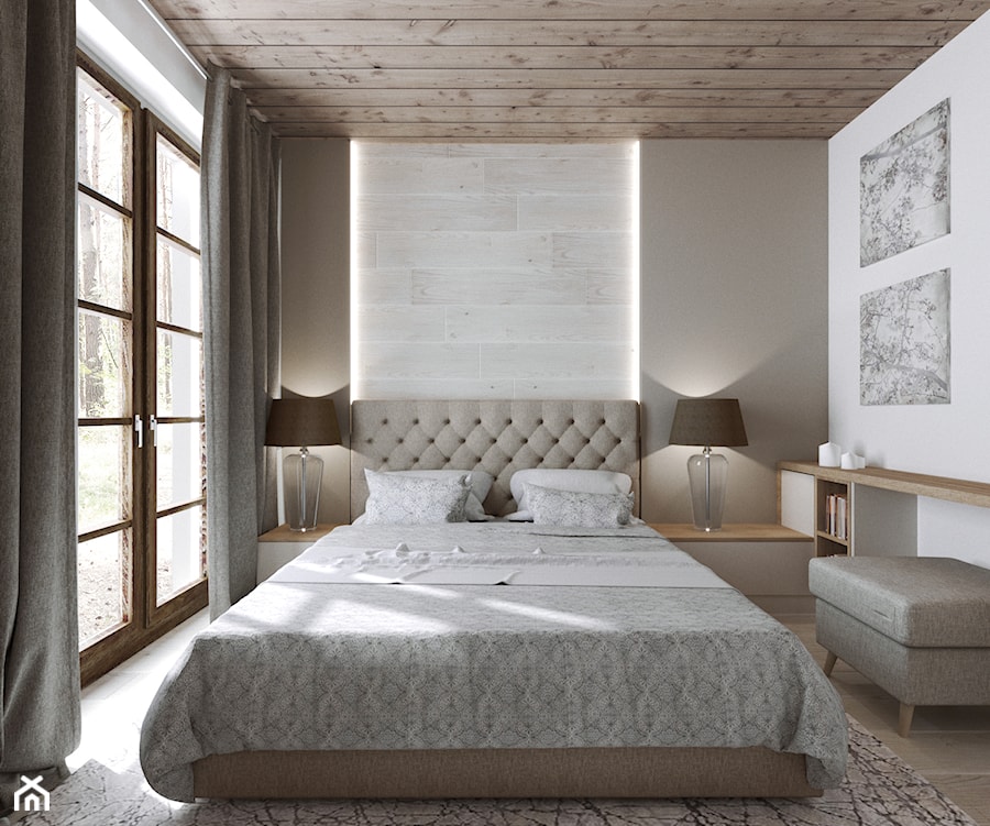 Dom letniskowy - Średnia beżowa biała sypialnia, styl nowoczesny - zdjęcie od Przestrzenie